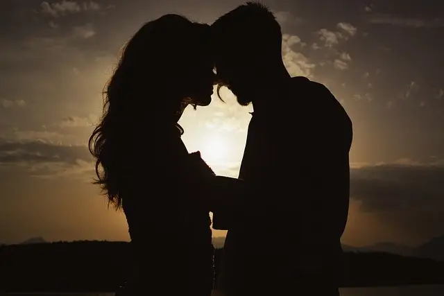 Couple sur un fond de coucher de soleil.